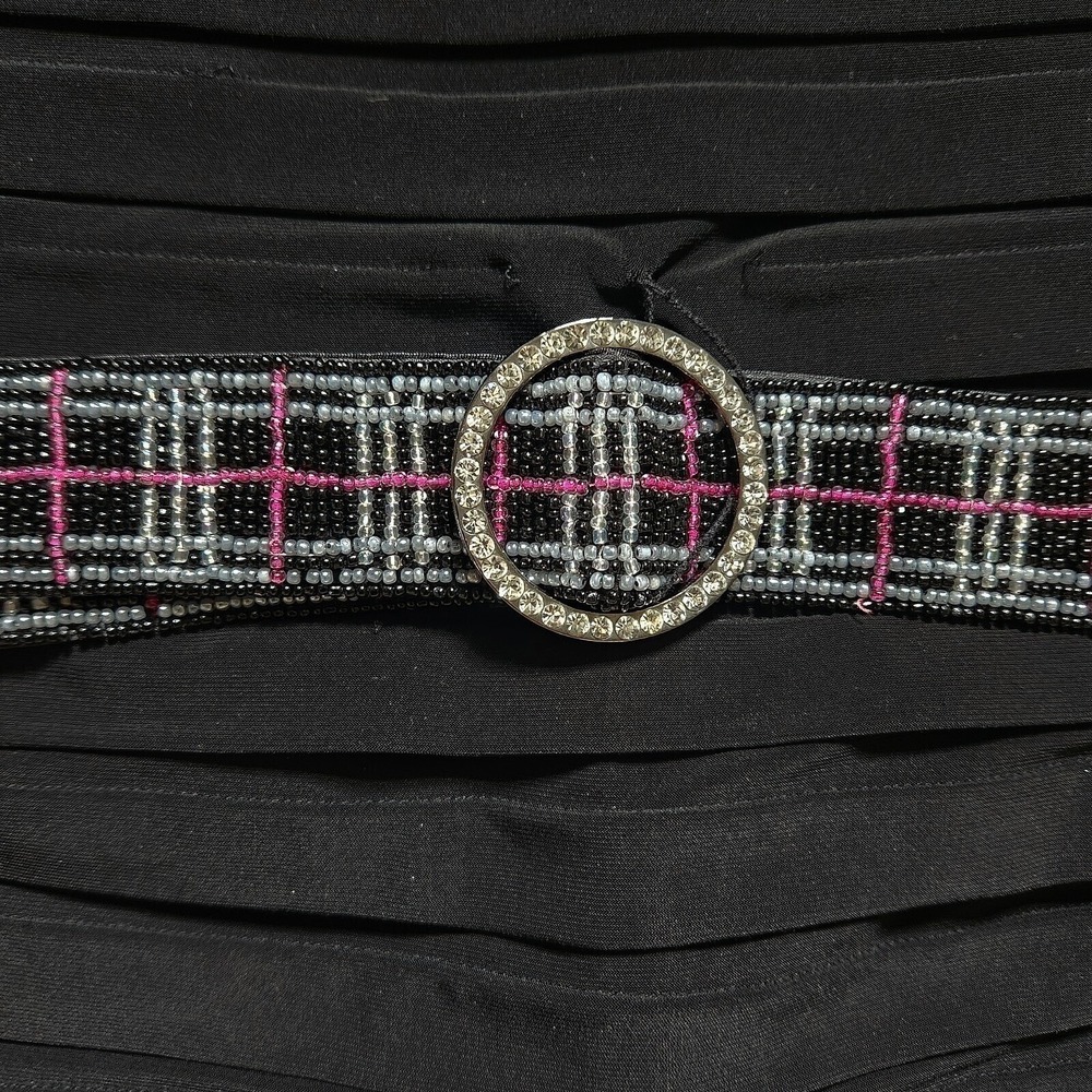 Adrianna Papell Black Belted Beaded Dress 12P Square Neck Eveningwear - Picture 7 of 15